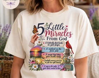 5 Little Miracles From God Shirt, Comfort Colors Christian Tee, Inspirational Faith Tote Bag, Cardinal Butterfly Religious Gift for Her