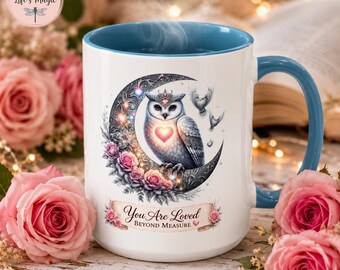 You Are Loved Beyond Measure Owl Mug, Christian Coffee Mug, Crescent Moon Owl Gift, Scripture Mug Jeremiah 31:3, Faith Mug Women