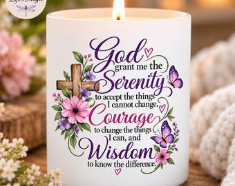 Serenity Prayer Candle, Floral Cross Christian Candle, God Grant Me Serenity Courage Wisdom, Faith Gift for Women, Inspirational Gift Her