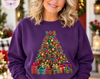 Leopard Christmas Tree Sweatshirt, Rainbow Leopard Print Holiday Hoodie, Cheetah Xmas Tote Bag, Festive Safari Animal Print Gift for Women