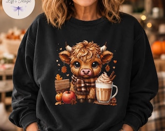 Highland Cow Fall Sweatshirt, Cute Pumpkin Patch Hoodie, Cozy Autumn Coffee Lover Top Farm Animal Gift for Her, Thanksgiving Outfit Tote Bag
