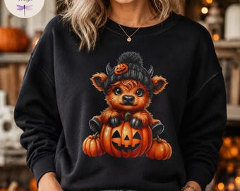 Highland Cow Pumpkin Shirt, Cute Fall Beanie Cow Tee, Halloween Highland Cow Sweatshirt Hoodie, Autumn Farm Gift for Her, Fall Cow Lover
