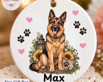 Personalized German Shepherd Ornament with Sunflowers, Custom Dog Name Christmas Ornament, German Shepherd Mom Gift, Dog Memorial Keepsake