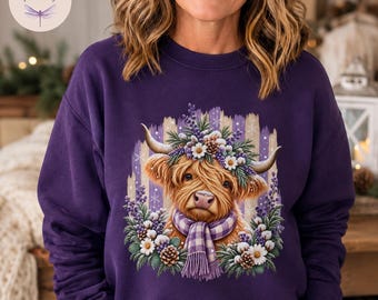 Snow Striped Highland Cow Sweatshirt, Highland Cow Hoodie, Cute Cow Gift, Farm Animal Sweater, Cow Lover Gift for Her, Western Crewneck