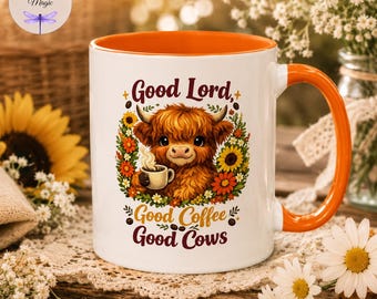 Good Lord Good Coffee Good Cows Mug, Highland Cow Coffee Mug, Funny Christian Farm Mug, Faith Farmhouse Mug, Gift for Her, Coffee Lover Gift