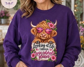 Looking At Life Through Rose Colored Glasses, Highland Cow T-Shirt, Cute Cow Tee, Gift for Her Fun Farmhouse Sweatshirt, Cow Lover Tote Bag