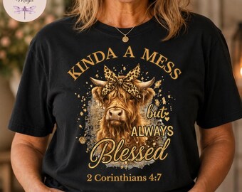 Kinda A Mess But Always Blessed Highland Cow Shirt 2 Corinthians 4:7 Comfort Colors Leopard Bow Christian Gift For Her Faith Canvas Tote Bag
