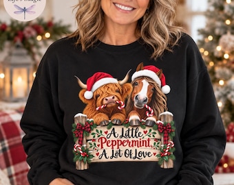 Highland Cow Christmas Sweatshirt, Horse Christmas Hoodie, Candy Cane Sweatshirt, Country Farm Animal Christmas Shirt, Peppermint Tote Bag