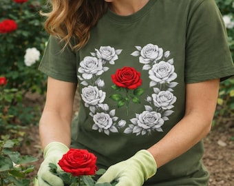Red Rose in White Rose Wreath Shirt, Inspirational Floral T-Shirt, Faith Hope Love Rose Tee, Elegant Flower Shirt, Cottagecore Floral Gift