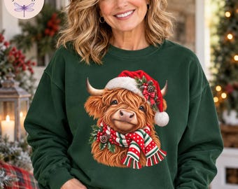 Christmas Highland Cow Sweatshirt, Cute Santa Cow Hoodie, Funny Cow Christmas Sweater, Highland Cow Lover Gift, Farmhouse Christmas Tote Bag