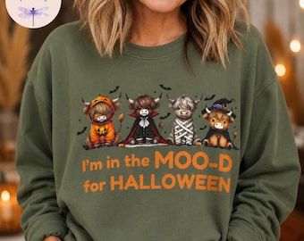 I'm In The MOO-D For Halloween Shirt, Highland Cow Halloween Tee, Funny Cow Halloween Sweatshirt Hoodie, Cute Fall Tote Bag, Farm Girl Gift