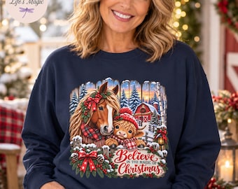 Highland Cow Christmas Sweatshirt, Horse Christmas Hoodie, Believe In The Magic Of Christmas, Farmhouse Christmas Gift, Christmas Tote Bag