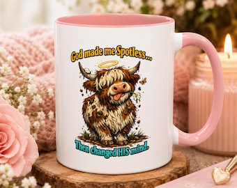 Funny Highland Cow Coffee Mug, God Made Me Spotless Christian Gift, Faith Humor Mug, Funny Religious Gift For Her, Cow Lover Coffee Cup