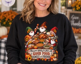 Thanksgiving Gnome Shirt and Tote Bag, Holiday Dinner Tee, Good Food Family Friends Fall Shirt, Gnome Lover Gift, Thankful Grateful Blessed