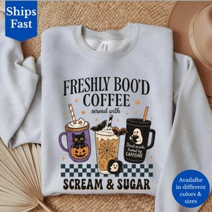 Freshly Boo&#39;d Coffee Halloween Sweatshirt, Funny Coffee Lover Sweater Pumpkin Latte Iced Coffee, Spooky Vibes Hoodie, Fall Season Sweatshirt