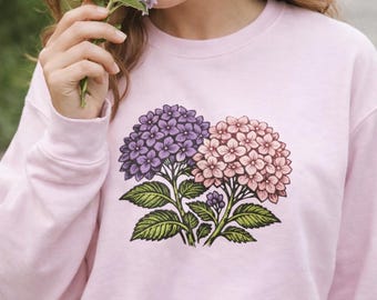 Vintage Hydrangea Linocut Shirt | Purple & Pink Floral Tee | Cottagecore Botanical Shirt | Nature Lover Gift | Garden Aesthetic Flower Shirt