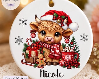 Personalized Highland Cow Christmas Ornament, Custom Name Ceramic Ornament, Cow Lover Gift, Farmhouse Christmas Decor, Stocking Stuffer Gift