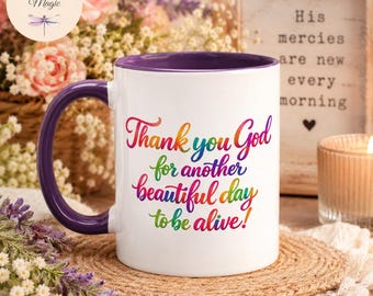 Thank You God Coffee Mug, Christian Gift for Women, Rainbow Faith Mug, Scripture Mug, Psalm 118:24, Inspirational Religious Gift for Her
