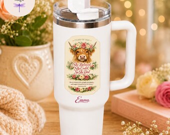 Personalized She Believed She Could Tumbler Class of 2026, Highland Cow Graduation Gift, Custom Name Cow Lover Travel Mug