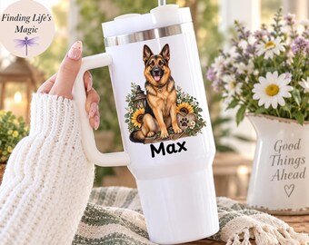 Personalized German Shepherd Tumbler with Sunflowers, Custom Dog Name 40oz Tumbler, German Shepherd Mom Gift, Dog Lover Travel Mug Gift