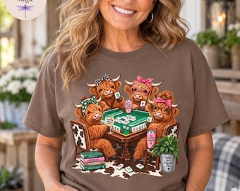 Highland Cow Mahjong Shirt, Funny Mahjong Club Tee, Gift for Mahjong Lover, Mahjong Girls Night Sweatshirt, Farmhouse Top, Mahjong Tote Bag