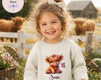 Personalized Baby Highland Cow Butterfly Shirt, Custom Name Toddler Sweatshirt, Youth Hoodie Girls Gift, Cute Farm Animal Kids Tee, Tote Bag