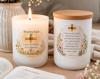Trusting God Faith Candle Custom Engraved Lid | Christian Gift for Her | Proverbs 3:5 | Personalized Scripture Candle | Farmhouse Cross