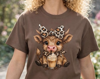 Highland Cow Shirt, Comfort Colors Highland Cow Tee, Iced Coffee Shirt, Leopard Bow Cow, Farm Girl Gift, Cute Cow Shirt, Farmhouse Tee