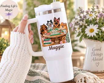 Personalized Dogs Playing Mahjong Tumbler, Custom Name Mahjong Cup, Dog Lover Gift Tumbler, Mahjong Game Night Cup, Crak Dot Bam Travel Mug