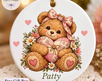 Personalized Teddy Bear Ornament, Custom Name Christmas Ornament, Coquette Floral Heart Keepsake, Cottagecore Gift for Her, Stocking Stuffer