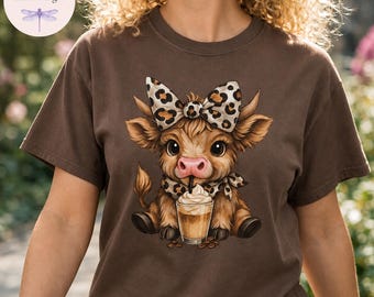 Highland Cow Shirt, Comfort Colors Highland Cow Tee, Iced Coffee Shirt, Leopard Bow Cow, Farm Girl Gift, Cute Cow Shirt, Farmhouse Tote Bag