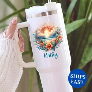Personalized Ocean Sunrise 40oz Tumbler with Handle Tropical Sunrise Ocean Travel Mug Custom Ocean Beach Lover Cup Floral Coastal Mug Gift