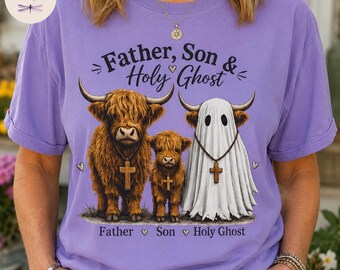 Father Son Holy Ghost Highland Cow Shirt, Funny Christian Halloween Tee, Holy Trinity Ghost Cow, Comfort Colors 1717, Fall Faith Gift