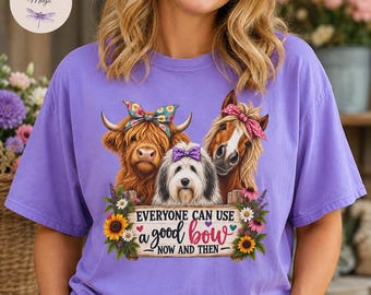 Highland Cow Horse Sheepdog Shirt, Farm Animal Bow Shirt, Hairstylist Gift Shirt, Funny Farmhouse Tee, Cottagecore Beautician Cow Lover Top