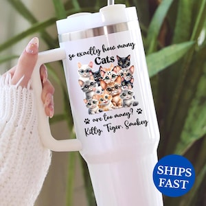 Personalized Funny Cat 40oz Tumbler With Handle, Custom Cat Names, Cute Cat Lover Gift for Cat Moms & Dads, Cat Lady Travel Mug, Pet Owner