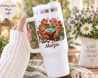 Personalized Highland Cow Mahjong Tumbler, Custom Name Mahj Cup, Gift for Mahjong Lover, Mahjong Club Gift, Mahjong Girls Night Travel Mug