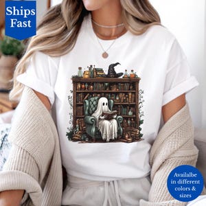 Retro Ghost Reading Books T-Shirt, Librarian Ghost Halloween Top, Halloween Teacher Shirt, Halloween Ghost Shirt, Teacher Gift, Boo School