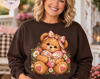 Teddy Bear Shirt, Love Teddy Bear Sweatshirt, Cottagecore Bear Hoodie, Floral Heart Bear Tote Bag, Valentine Gift for Her, Bear Lover Gift