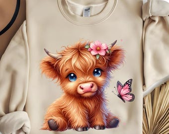 Personalized Baby Highland Cow Shirt, Custom Name Tee, Sweatshirt, Hoodie, Cow Lover Gift for Her, Country Girl, Cottagecore Butterfly Tote