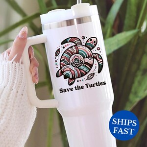 Save the Turtles 40oz Tumbler With Handle, Boho Sea Turtle Cup, Turtle Lover Mug, Ocean Lover Gift Mug, Environmentalist, Marine Biology Mug