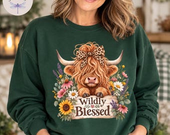 Wildly Blessed Highland Cow Shirt, Leopard Bow Wildflower Sweatshirt, Farmhouse Christian Hoodie, Cow Tote Bag, Boho Cottagecore Gift