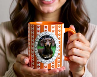 Personalized Pet Photo Mug with Name, Custom Dog or Cat Coffee Mug, Striped Paw Print Mug, Pet Lover Gift, Memorial Pet Mug
