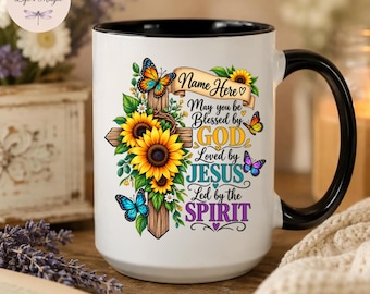 Personalized Christian Coffee Mug, May You Be Blessed By God Custom Name Faith Sunflower Cross Ceramic Cup, Religious Gift for Her, BFF Cup