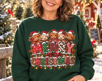Highland Cow Christmas Sweatshirt, Merry Christmas Hoodie, Baby Highland Cow Santa Hat Shirt, Farmhouse Christmas Cow Lover Gift, Tote Bag