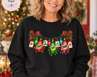 Mahjong Christmas Sweatshirt, Crack Dot Bam Christmas Lights Hoodie, Funny Matching Mahjong Lover Gift, Mahj Game Night Tote Bag for Women