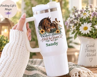 Healed By Hooves Held By Grace Personalized Tumbler, Christian Horse Lover Gift, Equine Therapy Cup, Horse and Cross Custom Name Travel Mug