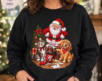Funny Santa Cat Dog Christmas Sweatshirt, Spilt Milk Cookies Hoodie, Santa Claus Laughing Kitten Puppy Tote Bag, It Wasn't Me Pet Humor Gift