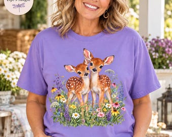 Baby Deer Wildflower Shirt, Comfort Colors Fawn Tee, Cottagecore Deer Shirt, Floral Deer Tote Bag, Deer Lover Gift for Women, Twin Fawns Top