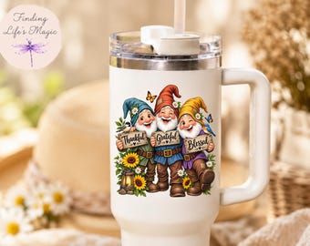 Thankful Grateful Blessed Gnome Tumbler, Cute Fall Gnome Cup, Sunflower Gnome Gift, Autumn Faith Travel Mug, Christian Thanksgiving Church