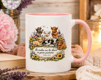 Highland Cow Mug, He Makes Me Lie Down In Green Pastures, Psalm 23 Gift, Christian Coffee Mug, Faith Gift For Her, Farmhouse Mug